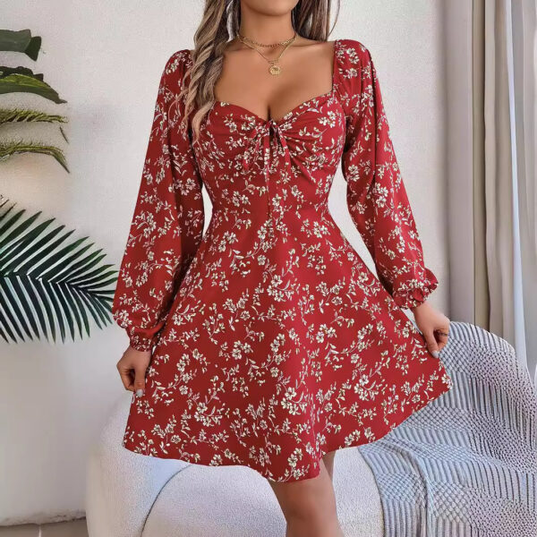 Fashion Floral Print Lantern Sleeve Dress Casual Sexy Tie Square Neck Long Sleeve A-Line Dress Women's Clothing - Image 7