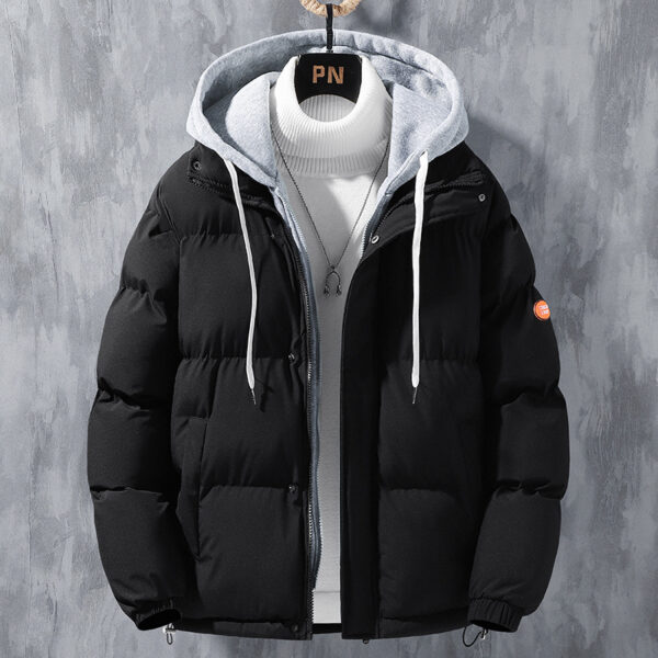 Fashion Hooded Jacket Men Winter Windproof Thickened Fake Two-piece Coat Solid Leisure Sports Cotton Jacket - Image 4