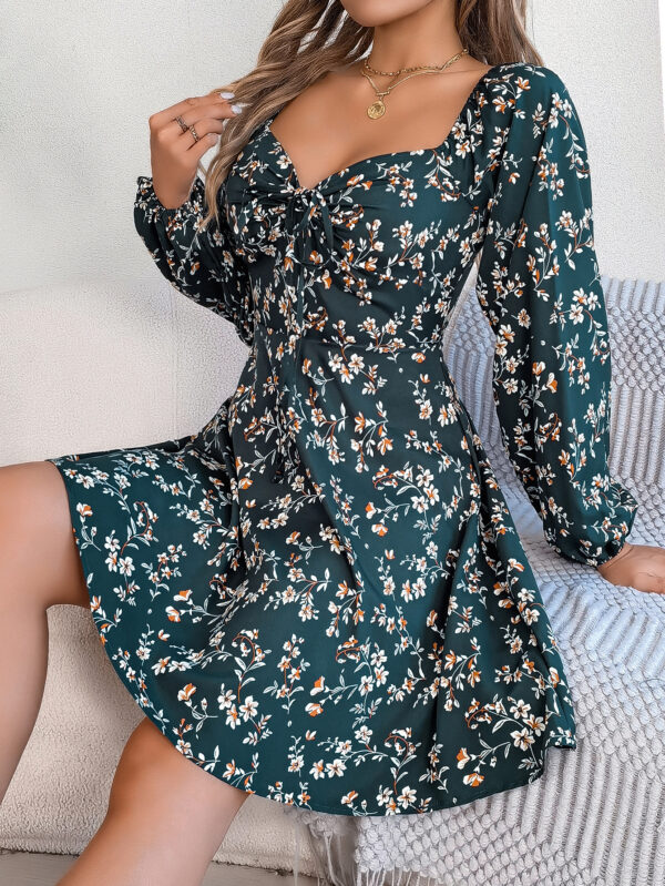 Fashion Floral Print Lantern Sleeve Dress Casual Sexy Tie Square Neck Long Sleeve A-Line Dress Women's Clothing - Image 5