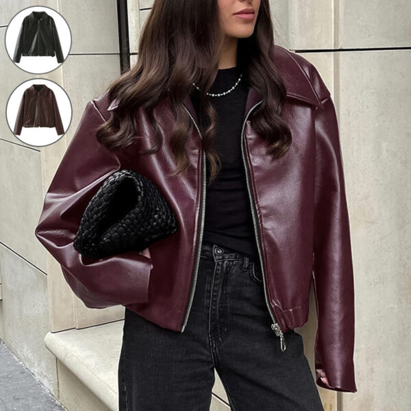 Solid Color Lapel Zipper Jacket Fashion Casual Long Sleeve Leather Coat Tops Women Clothing